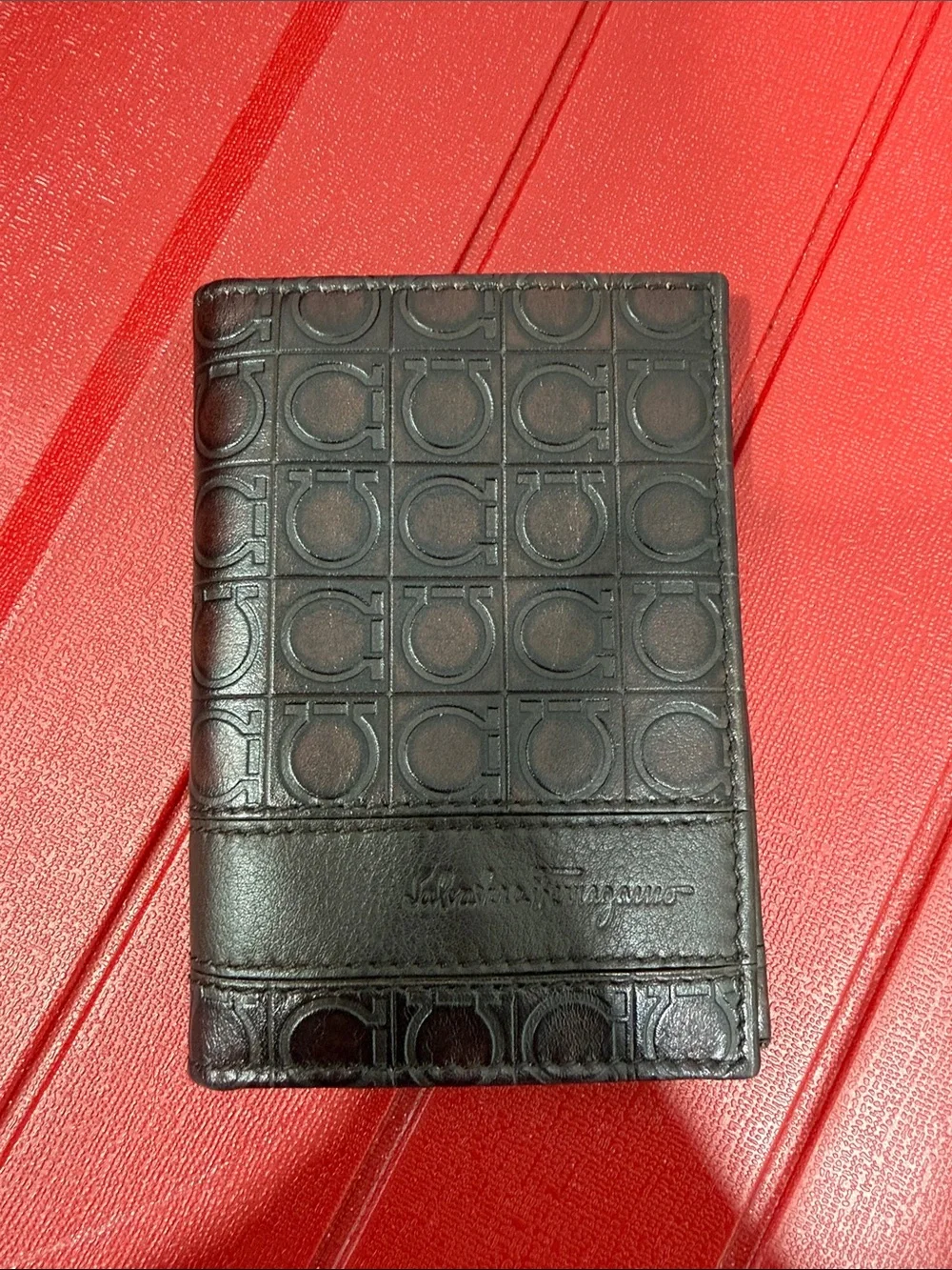 Salvatore Ferragamo Dark Brown Embossed Leather Card & Key Holder
